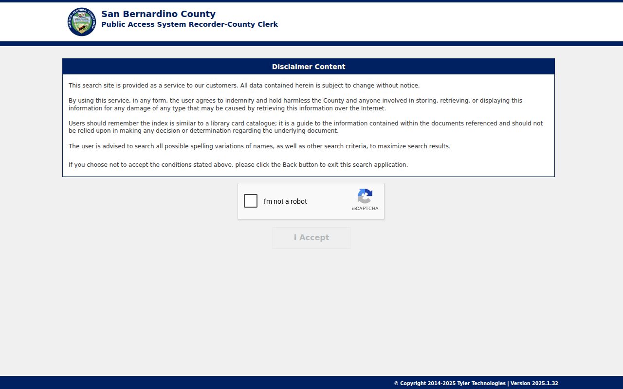 Hesperia people search at San Bernardino County recorder index
