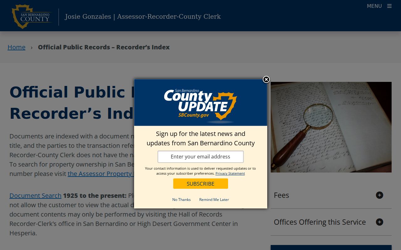 Hesperia public records Recorder's Index access page